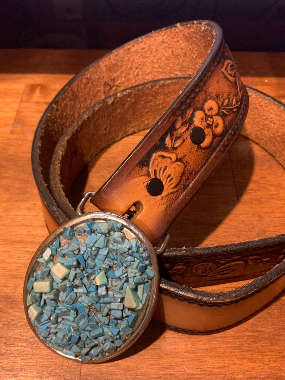 Brown Tooled Leather Belt Removeable Turquoise Chip Belt Buckle 38" Long EUC